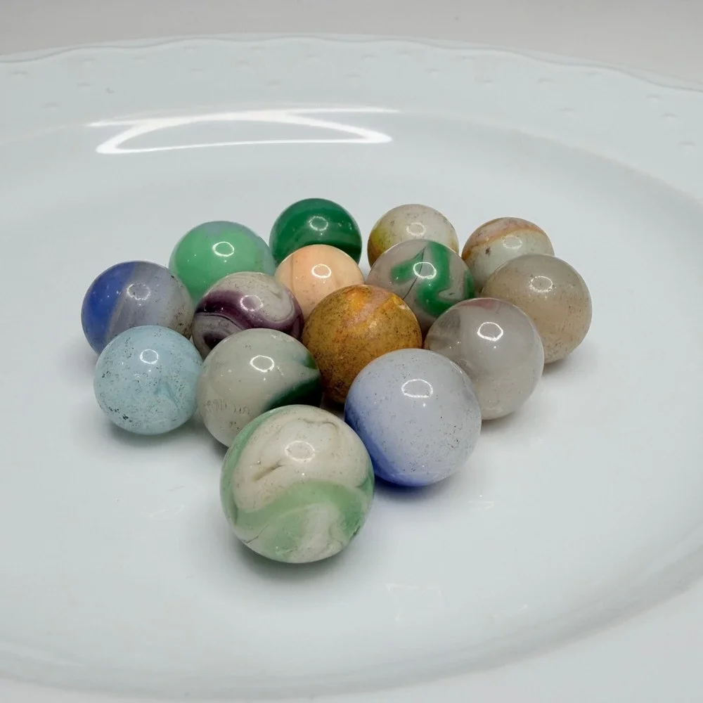 Vintage Glass Marbles Lot – Earth Tone Swirls, Greens, Blue & Amber–Garage Find